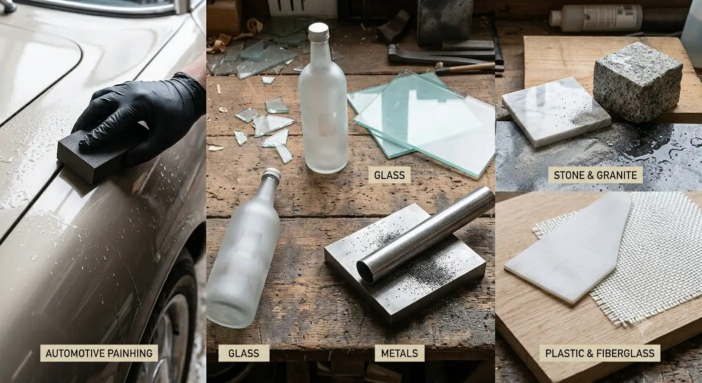 Materials compatible with silicon carbide sandpaper including glass, stone, metal, plastic, and automotive paint