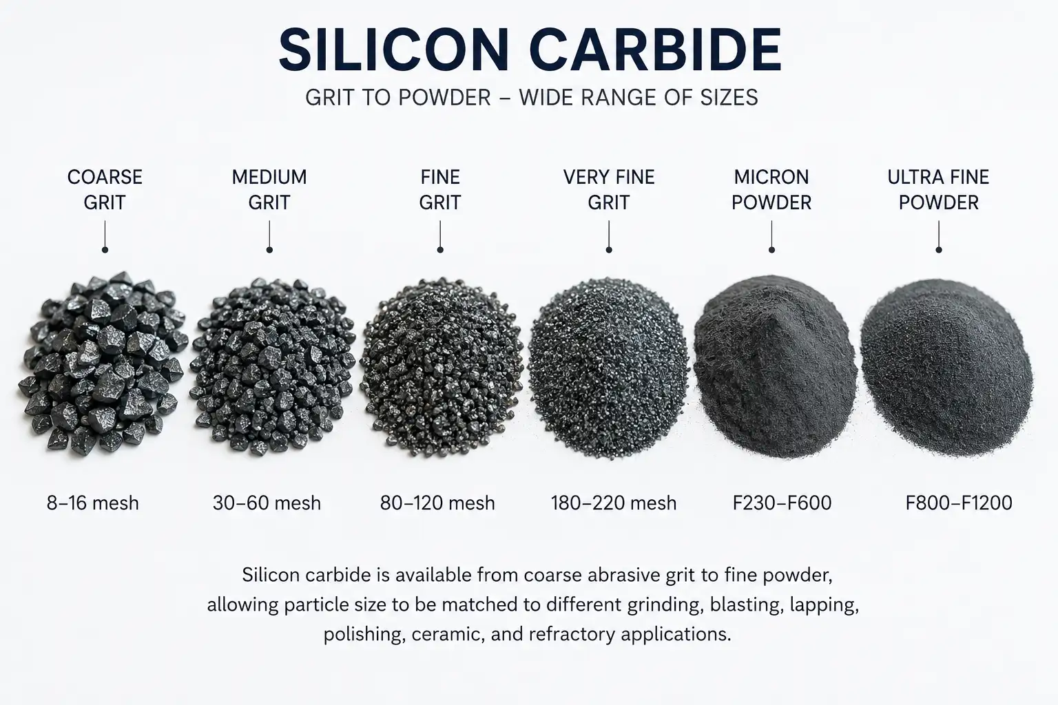 Silicon carbide grit and powder in different particle sizes