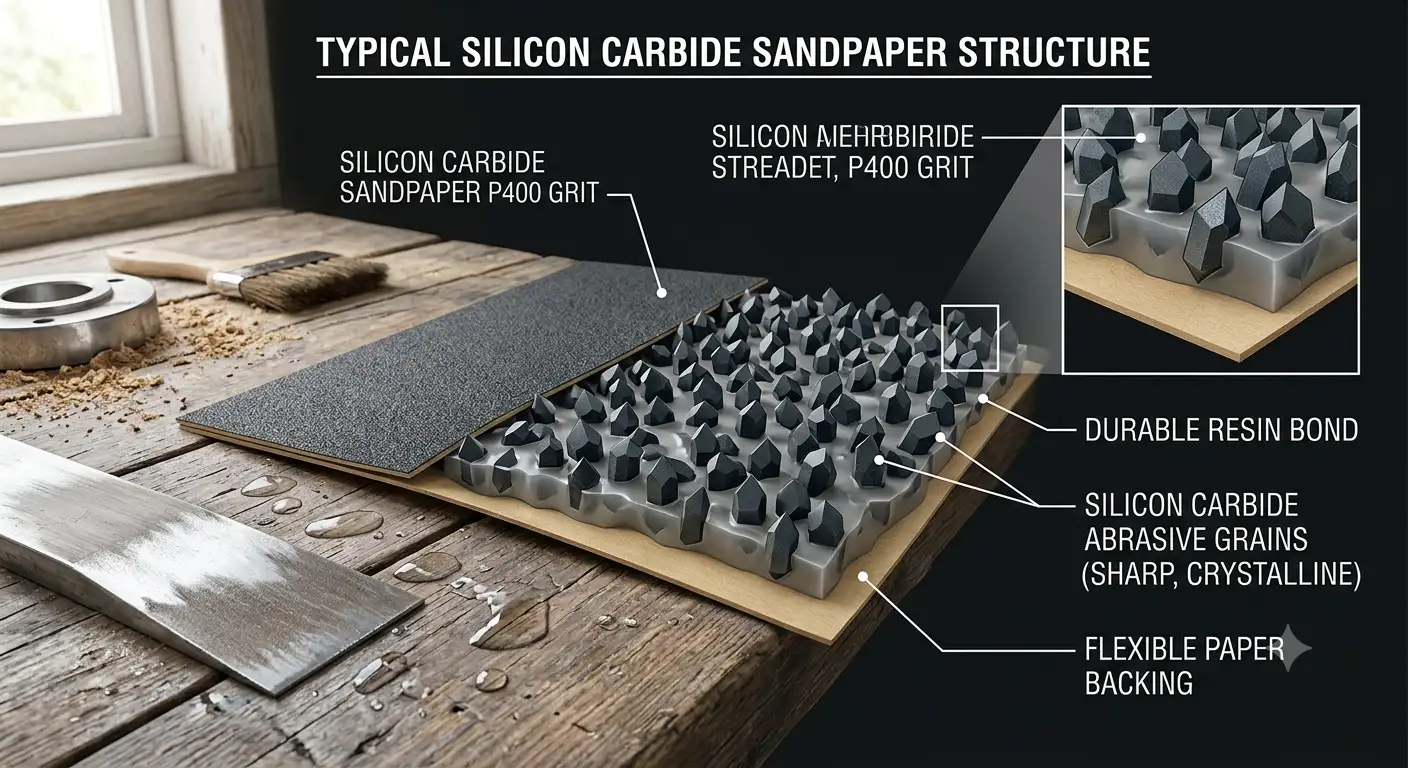 Structure of silicon carbide sandpaper showing abrasive grains, resin bond, and backing